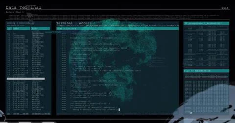 Displaying central editor showing code with cyan skull overlay on screen, left 스톡 사진