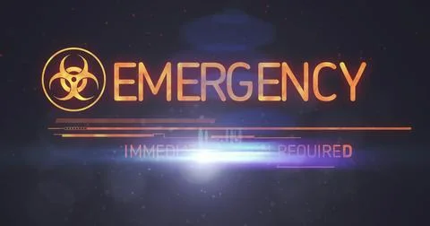 Displaying central emergency alert graphic on dark UI, showing EMERGENCY and Stock-Illustration