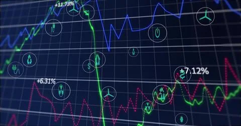 Displaying central energy chart on blue grid screen showing green blue magenta イラスト素材