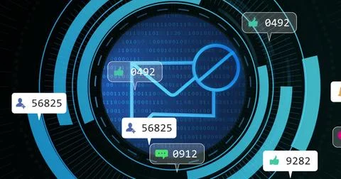 Displaying central envelope icon with magnifier on digital HUD, showing binary 스톡 사진