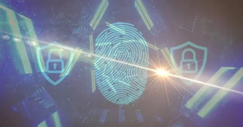 Displaying central fingerprint graphic on virtual interface, with shield icons Ilustração Stock