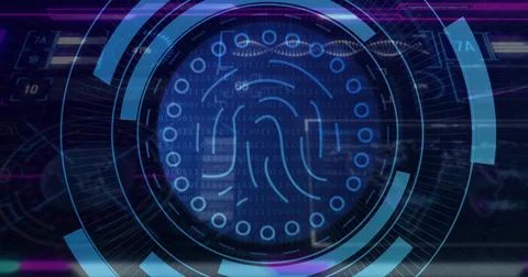 Displaying central fingerprint icon rotating within HUD rings on blue interface, Stock Photos
