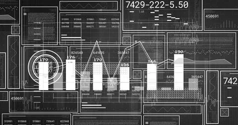 Displaying central five-bar and line chart on digital dashboard, with gauge, Stock Illustration