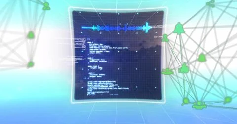 Displaying central floating HUD showing blue wave and code over 3D-grid plane Illustration