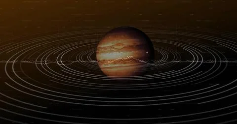 Displaying central gas giant rotating in deep space, showing bands, storm, ri Stock Illustration