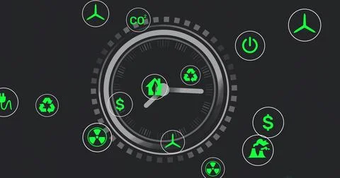 Displaying central gauge with dual hands and rings on dark dashboard, showing Stock Illustration
