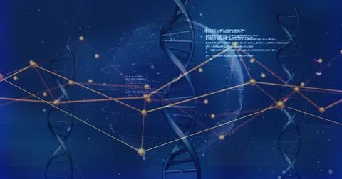 Displaying central genomics visual with 3D DNA helix, dotted globe and orange 库存插图