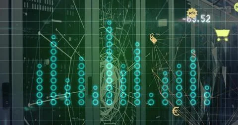 Displaying central glass-fronted rack in data center showing grid, cyan node Stock Illustration