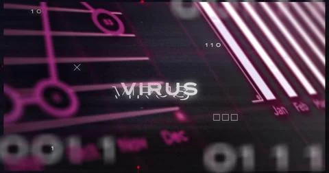 Displaying central glitching VIRUS text in security screen, with grid, binary Illustrazione stock