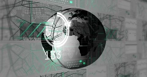 Displaying central globe on data dashboard with concentric HUD rings, maps, teal Stock Illustration