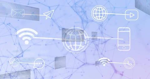 Displaying central globe icon linking nodes in digital mesh, with envelope, Illustrazione stock