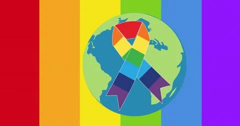 Displaying central globe over six vertical rainbow bands, featuring geometric Stockillustratie
