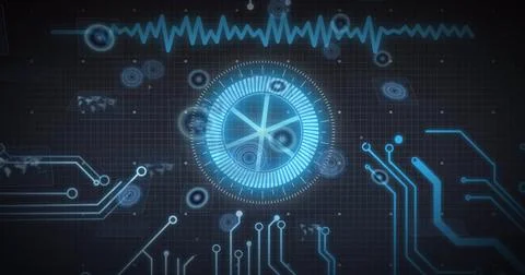 Displaying central glowing blue HUD dial rotating on virtual HUD, with ECG Stock Illustration