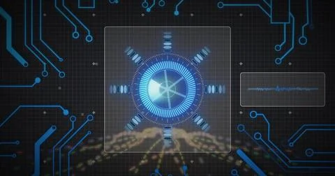 Displaying central glowing circular blue HUD interface in cyber dashboard, with Stock Photos