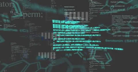 Displaying central glowing cyan code panel occupying center of virtual 3D 스톡 사진