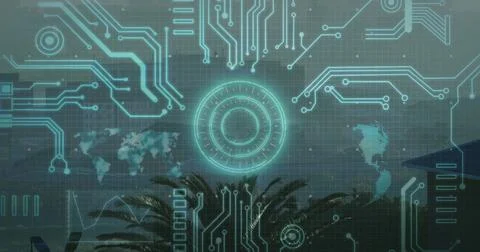 Displaying central glowing HUD casting circuit traces across grid and world map Stock Photos
