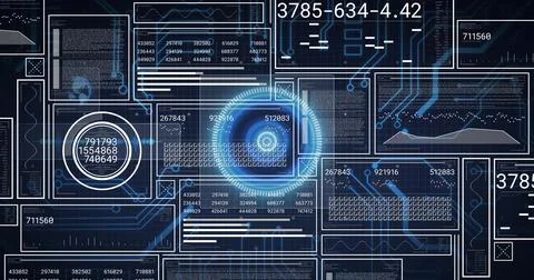 Displaying central glowing HUD with concentric rings on virtual UI showing Stock Illustration