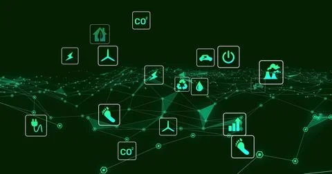 Displaying central glowing mesh with neon icons and nodes in digital landscape, Stock Illustration