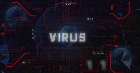 Displaying central glowing text VIRUS over cyber interface, with wireframe 库存插图