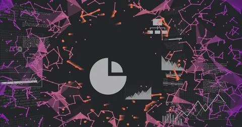 Displaying central gray pie chart icon on interface, with chart icons, data Stock Photos