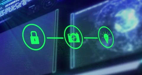 Displaying central green camera icon floating on holographic screens, padlock Stock Illustration