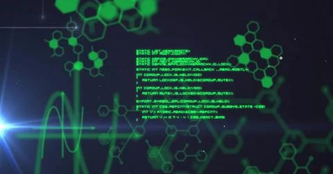 Displaying central green code block pulsing in virtual HUD, with neon hexagons Stock-Fotos