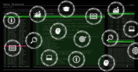 Displaying central green code editor window in terminal interface with circul Stock Photos