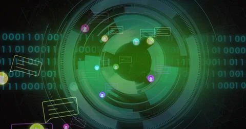 Displaying central green HUD in data dashboard, with chat bubbles, binary str Stock Illustration