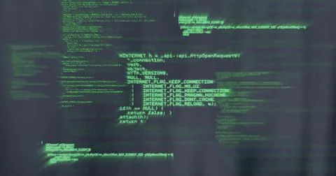 Displaying central green monospace code on dark textured screen in dim room, 스톡 일러스트