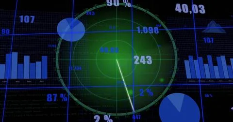 Displaying central green radar sweeping toward lower right on dark dashboard, Stock Illustration