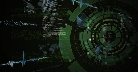 Displaying central green radial data interface rotating on virtual display, Stock Illustration