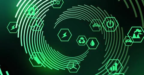 Displaying central green rings rotating on dark interface, with hex icons Stock Photos