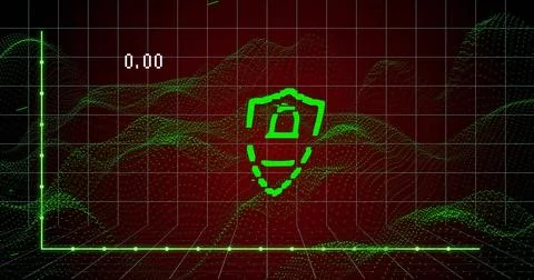 Displaying central green shield icon on virtual dashboard, over 3D grid, Stock Illustration