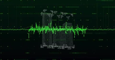 Displaying central green waveform and three dot pillars in dark dashboard, with Stock Illustration