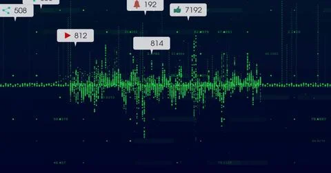 Displaying central green waveform on dark navy analytics UI, showing icon bub Stock Illustration