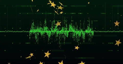 Displaying central green waveform pulsing in abstract digital scene, with golden Stock Photos