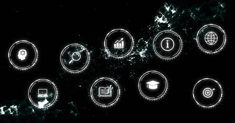 Displaying central grid of nine tech interface icons in virtual space, amid teal Stock Illustration