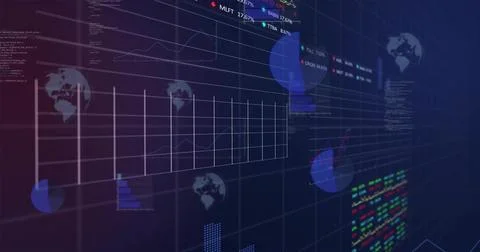 Displaying central grid panel showing line graph on data dashboard, with ticker 写真素材