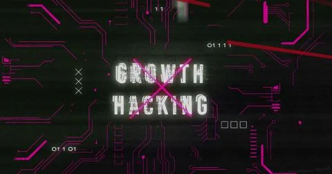 Displaying central GROWTH HACKING text being crossed by magenta X on hacked Stock Photos