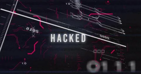 Displaying central HACKED text in dark UI, showing diagonal white bar, magenta Stock Photos