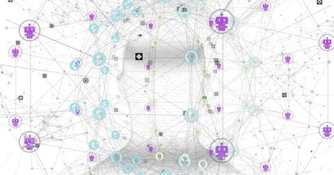Displaying central head profile forming from mesh in network, with cyan badges Stock Photos