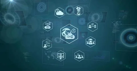 Displaying central hexagon cluster syncing globe, cloud, servers, database, Stock Photos