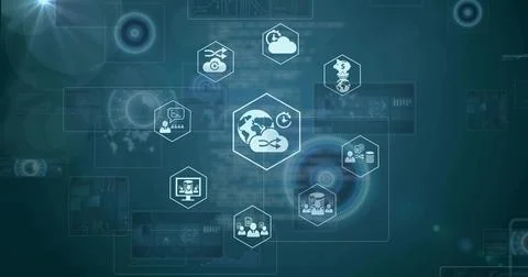 Displaying central hexagon glowing at tech dashboard, showing cloud, servers, Stock Photos