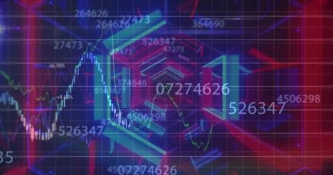Displaying central hexagonal frames over digital grid, with numeric labels and Stock Photos