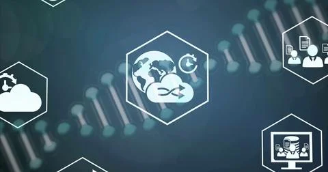 Displaying central hexagonal icon showing global cloud sync in digital Stock Photos