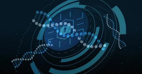 Displaying central hexagonal lock interface within cyberspace, with DNA helix Stock Illustration