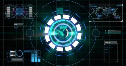 Displaying central holo circular HUD rotating on control console, showing grid, イラスト素材