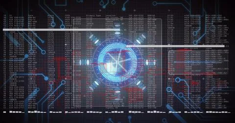 Displaying central holo interface pulsing blue on network panel overlaying Illustrazione stock