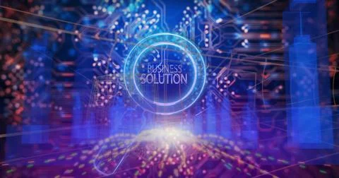 Displaying central holo interface reading BUSINESS SOLUTION in cyber hub with Illustrazione stock