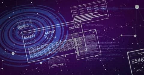 Displaying central holo UI showing glass keyboard panels, numbers, radar rings Stock Illustration